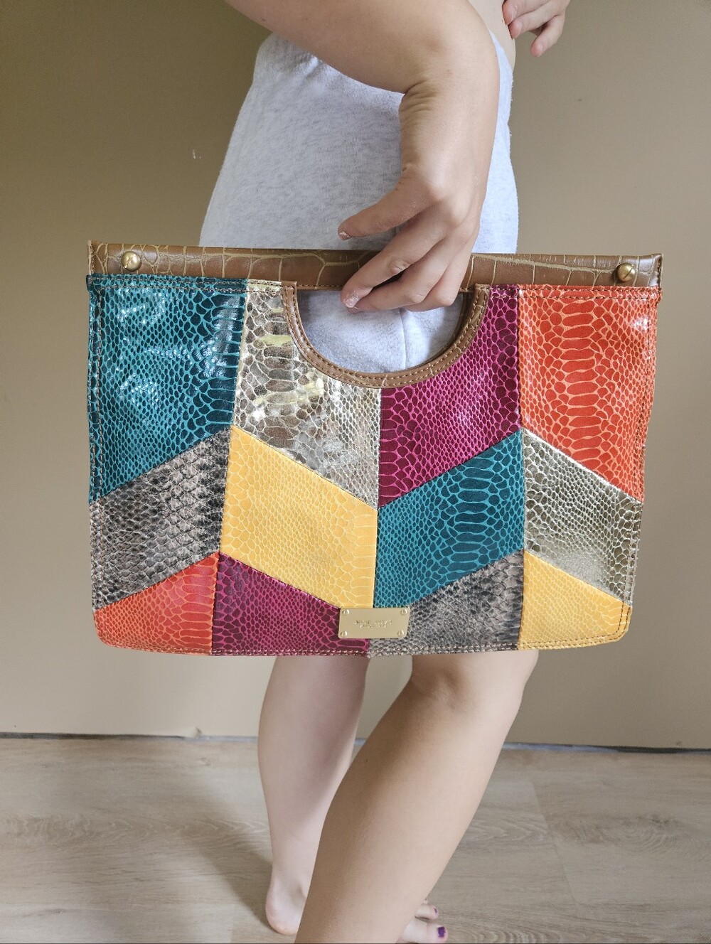 Nine West Vintage Y2K Patchwork Chevron Snakeskin Wristlet Tote